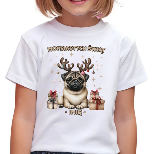Koszulka dziecięca świąteczna - Mops Mopsiastych świąt - personalizowana BN91 - StoryCups.pl