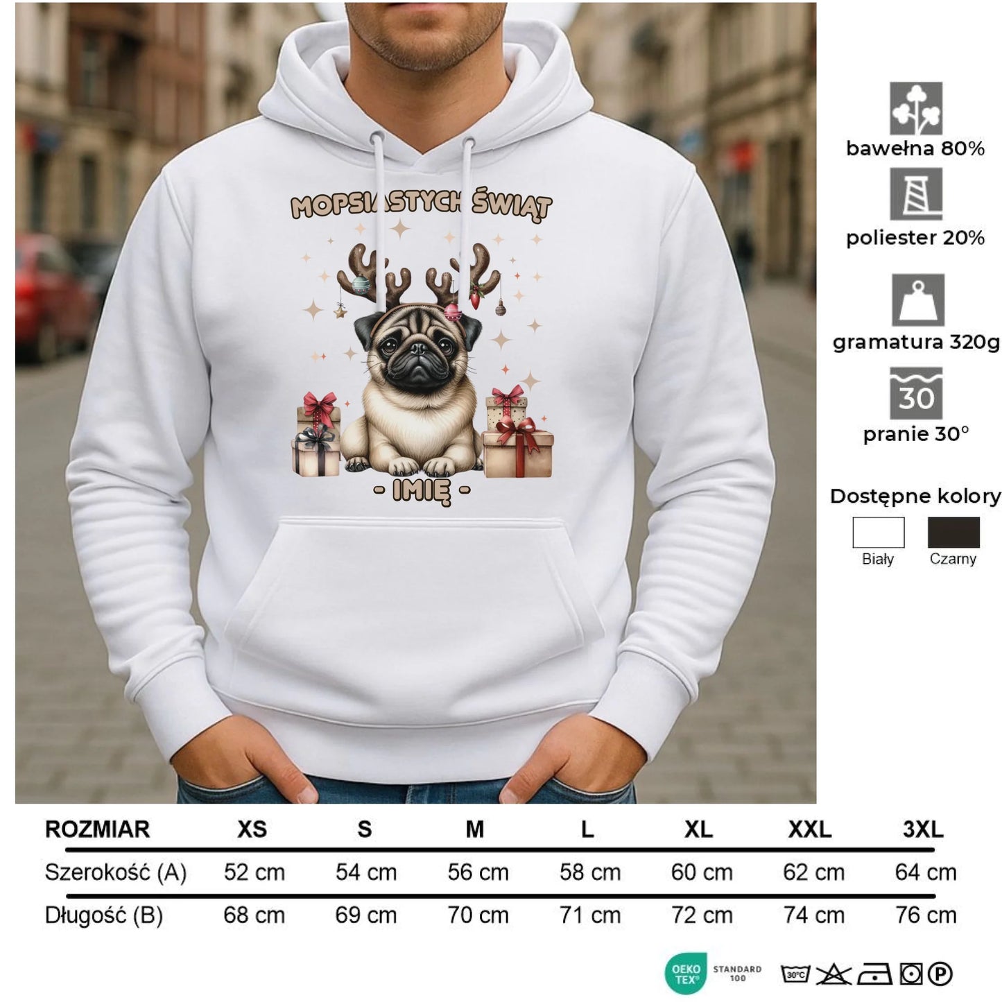 Bluza męska z kapturem świąteczna - Mops Mopsiastych świąt - personalizowana BN91 - StoryCups.pl
