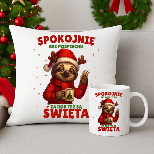 Zestaw poduszka i kubek świąteczny - Leniwiec Za rok też są święta BN92 - StoryCups.pl