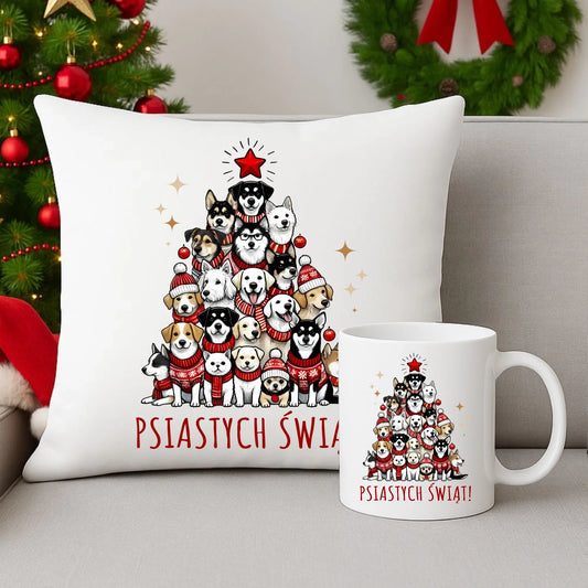 Zestaw poduszka i kubek świąteczny - Psia choinka Psiastych Świąt BN90 - StoryCups.pl
