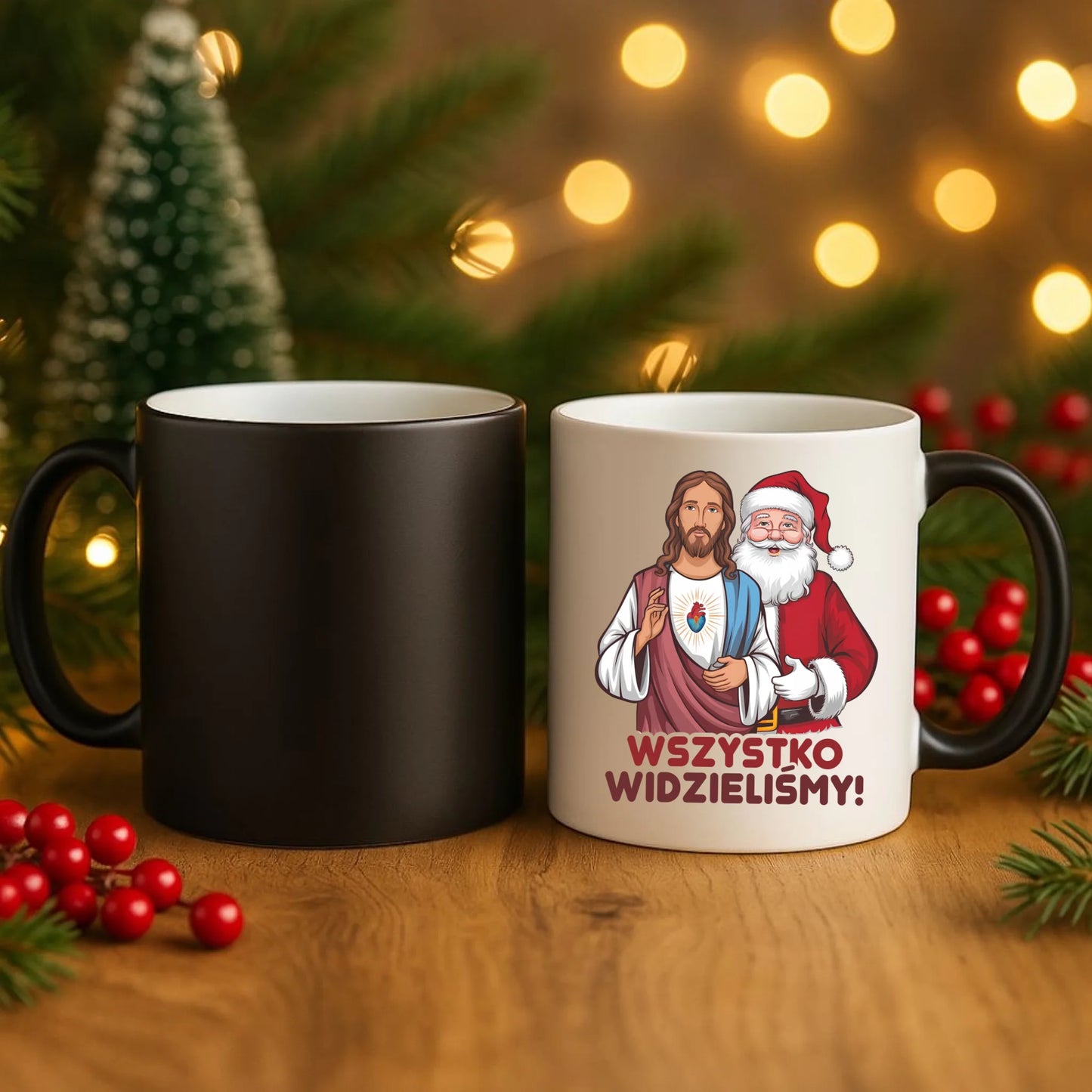 Kubek magiczny świąteczny - Jezus i Mikołaj Wszystko widzieliśmy BN89 - StoryCups.pl