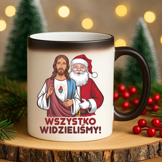 Kubek magiczny świąteczny - Jezus i Mikołaj Wszystko widzieliśmy BN89 - StoryCups.pl