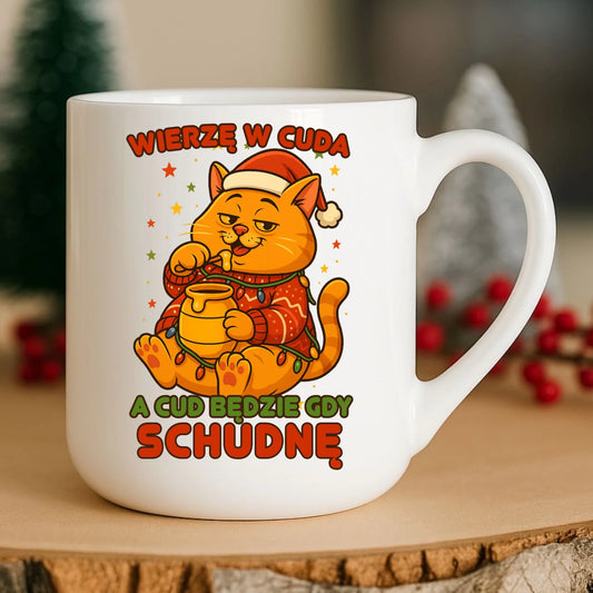 Kubek elegant świąteczny - Wierzę w cuda, a cud będzie gdy schudnę BN88 - StoryCups.pl