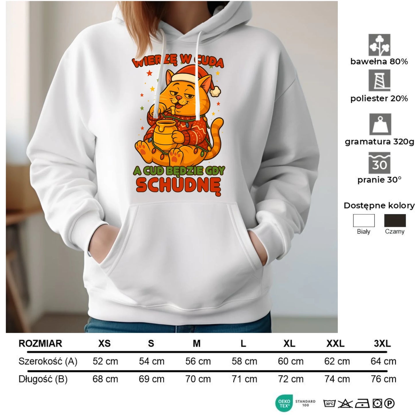 Bluza damska z kapturem świąteczna - Wierzę w cuda, a cud będzie gdy schudnę BN88 - StoryCups.pl