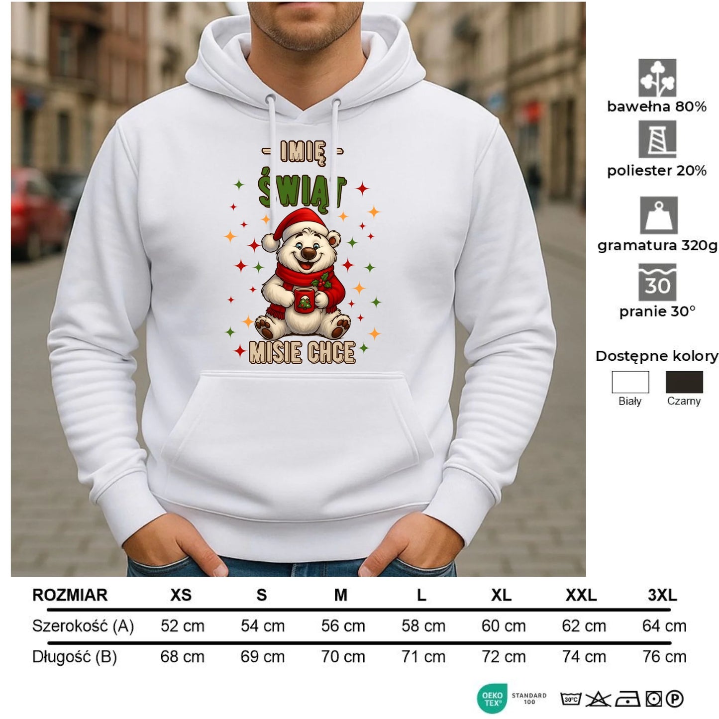Bluza męska z kapturem świąteczna - Misiek Świąt misie chce - personalizowana BN86 - StoryCups.pl