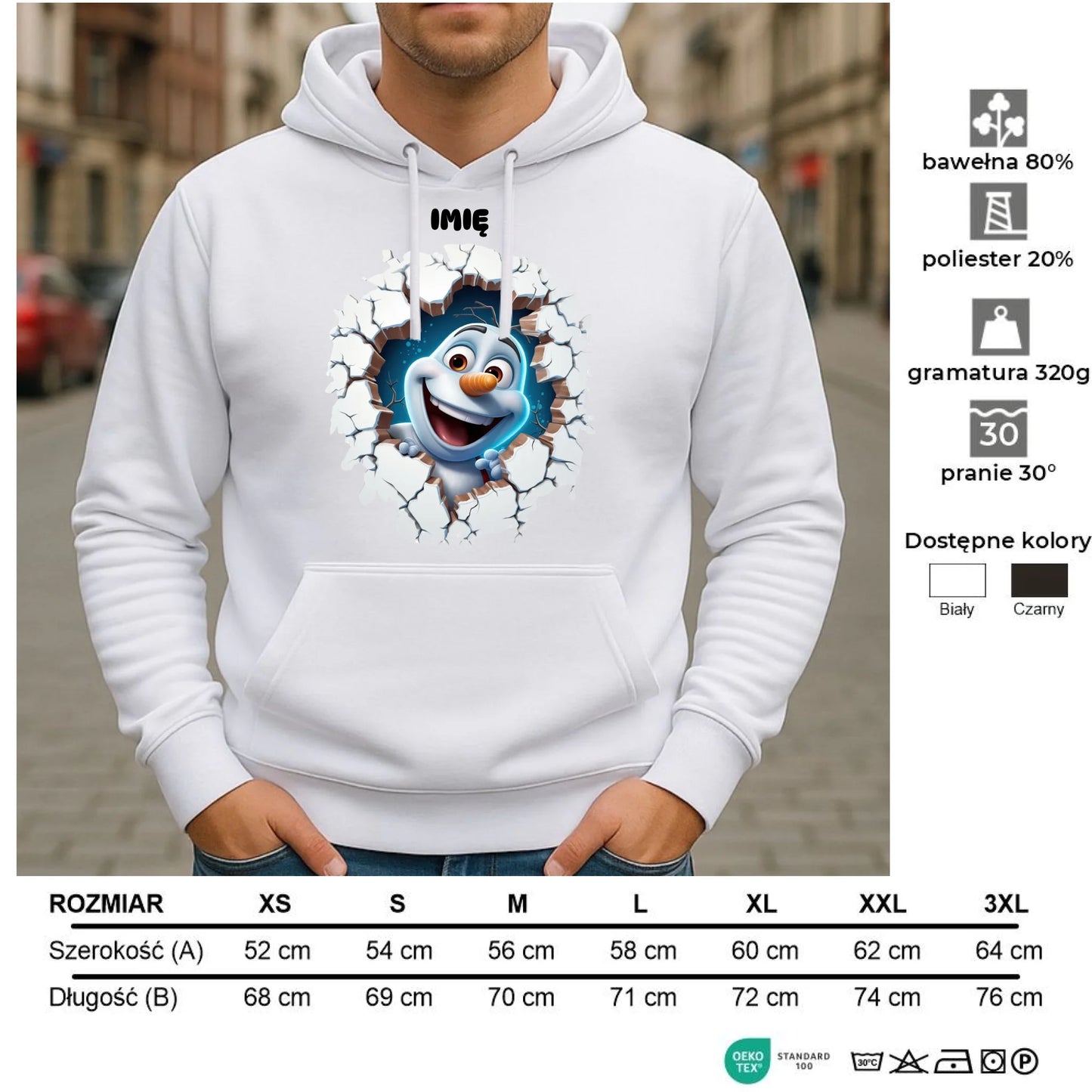Bluza męska z kapturem świąteczna - Bałwan 3D - personalizowana BN84 - StoryCups.pl