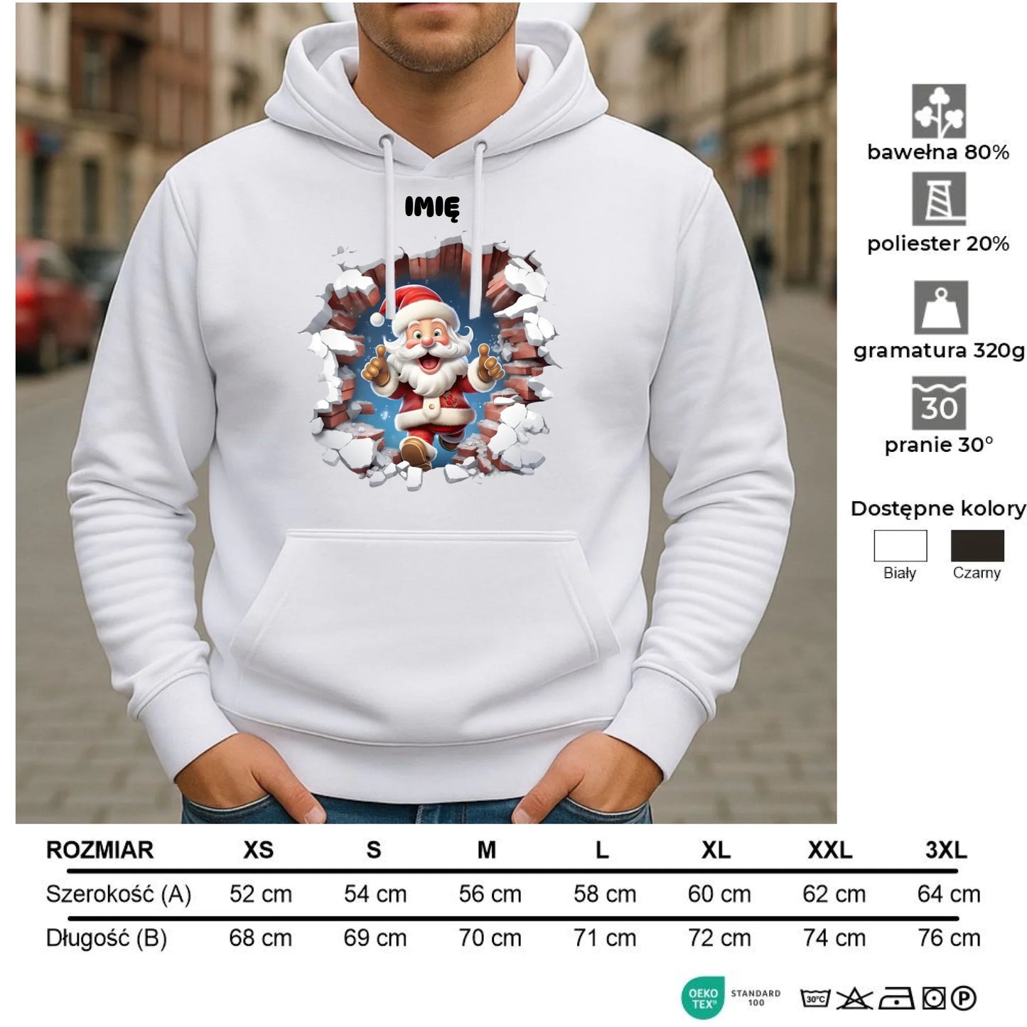 Bluza męska z kapturem świąteczna - Mikołaj 3D - personalizowana BN83 - StoryCups.pl