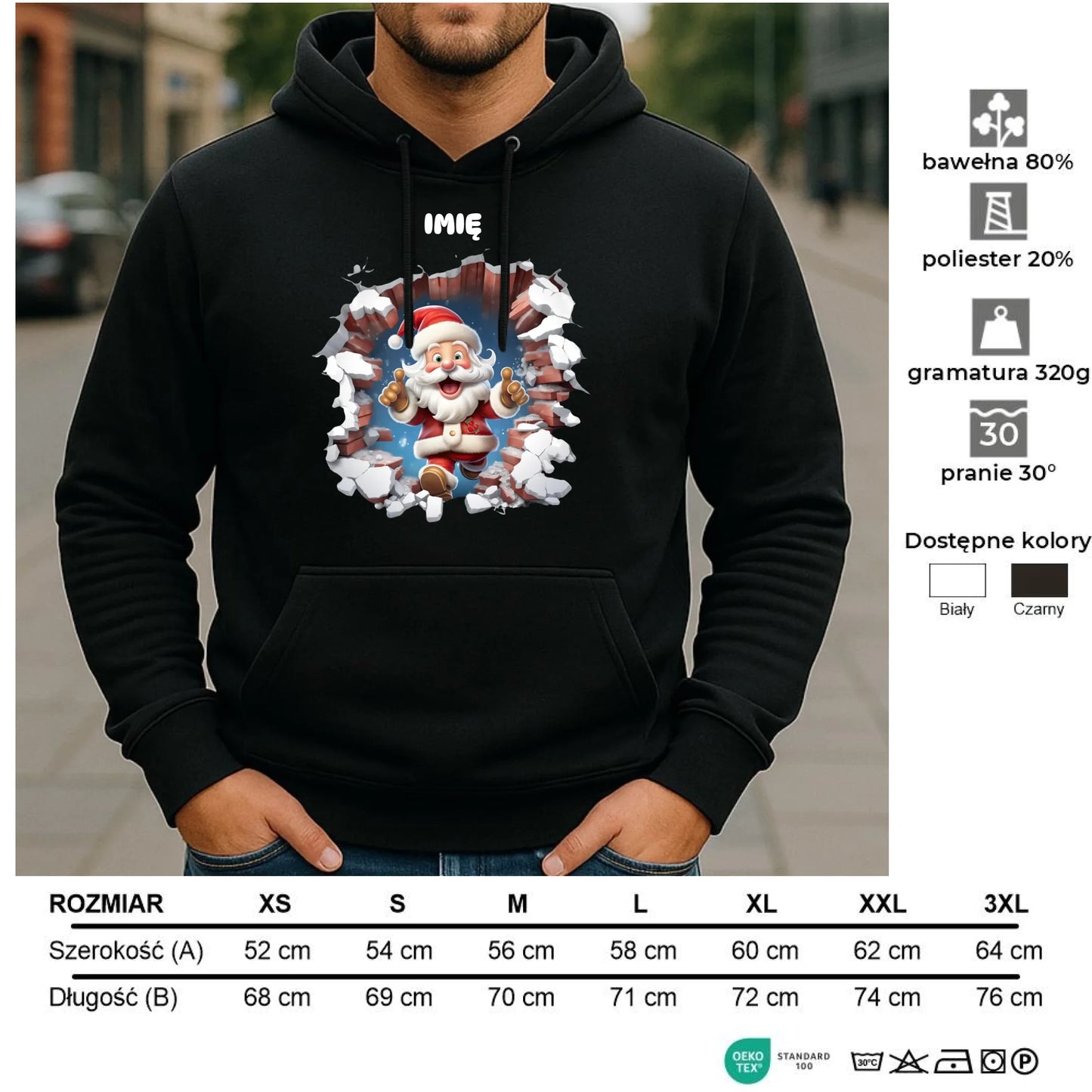 Bluza męska z kapturem świąteczna - Mikołaj 3D - personalizowana BN83 - StoryCups.pl
