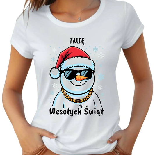 Koszulka damska świąteczna - Wesoły bałwan Wesołych Świąt - personalizowana BN82 - StoryCups.pl