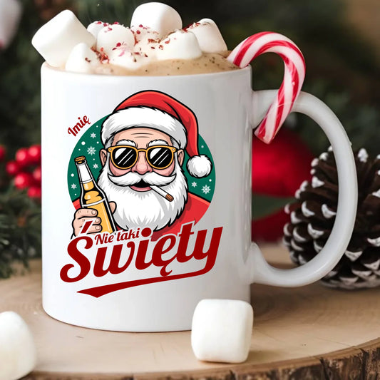 Kubek świąteczny - Mikołaj nie taki święty - personalizowany BN80 - StoryCups.pl