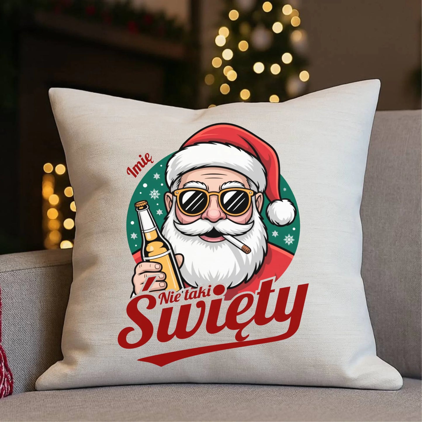 Poduszka świąteczna - Mikołaj nie taki święty - personalizowana BN80 - StoryCups.pl