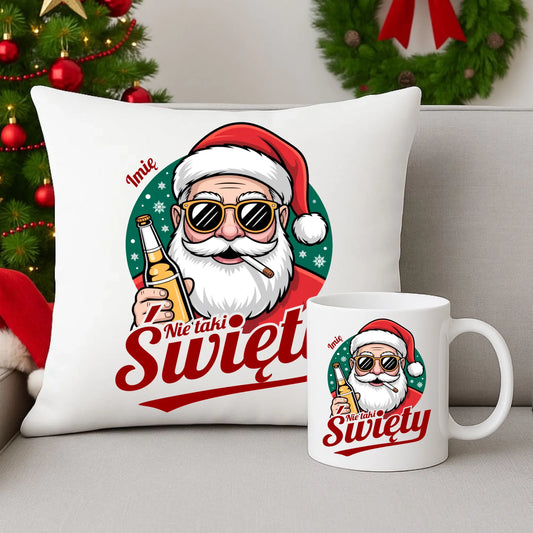Zestaw poduszka i kubek świąteczny - Mikołaj nie taki święty - personalizowany BN80 - StoryCups.pl