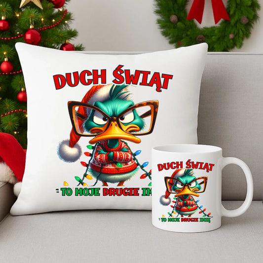 Zestaw poduszka i kubek świąteczny - Duch Świąt to moje drugie imię BN76 - StoryCups.pl