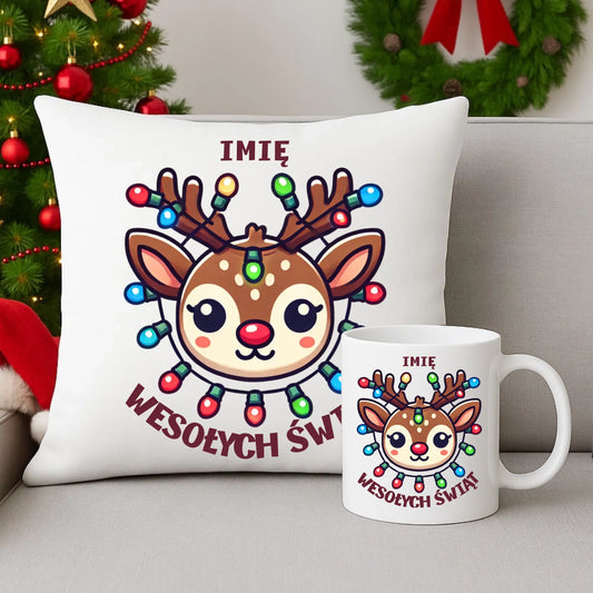 Zestaw poduszka i kubek świąteczny - Renifer Wesołych Świąt - personalizowany BN72