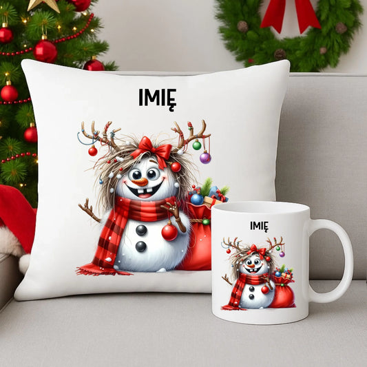 Zestaw poduszka i kubek świąteczny - Bałwanek - personalizowany BN70 - StoryCups.pl