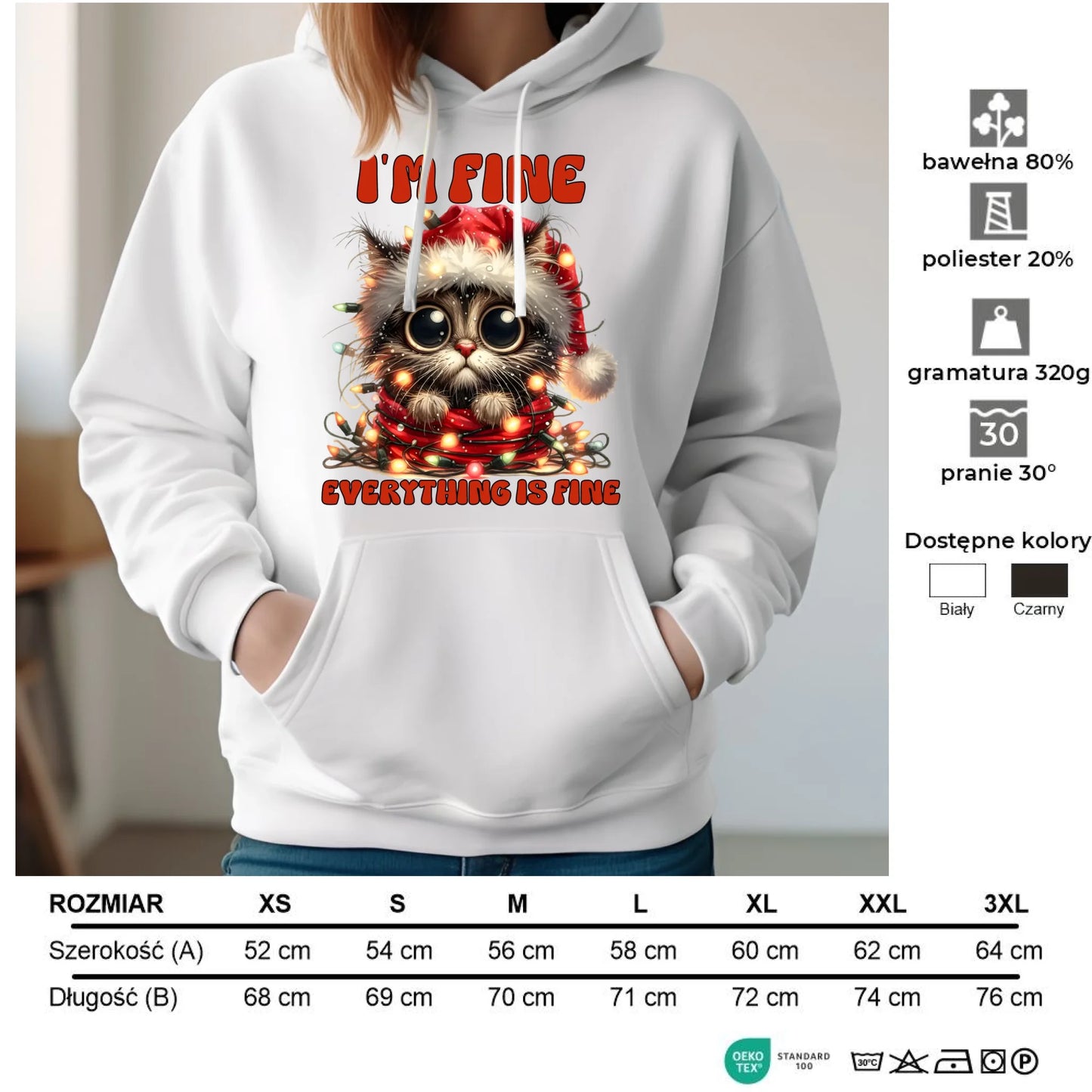 Bluza damska z kapturem świąteczna - Kotek I'm fine everything is fine BN67 - StoryCups.pl