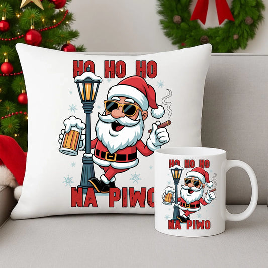 Zestaw poduszka i kubek świąteczny - Mikołaj Ho ho ho na piwo BN64 - StoryCups.pl