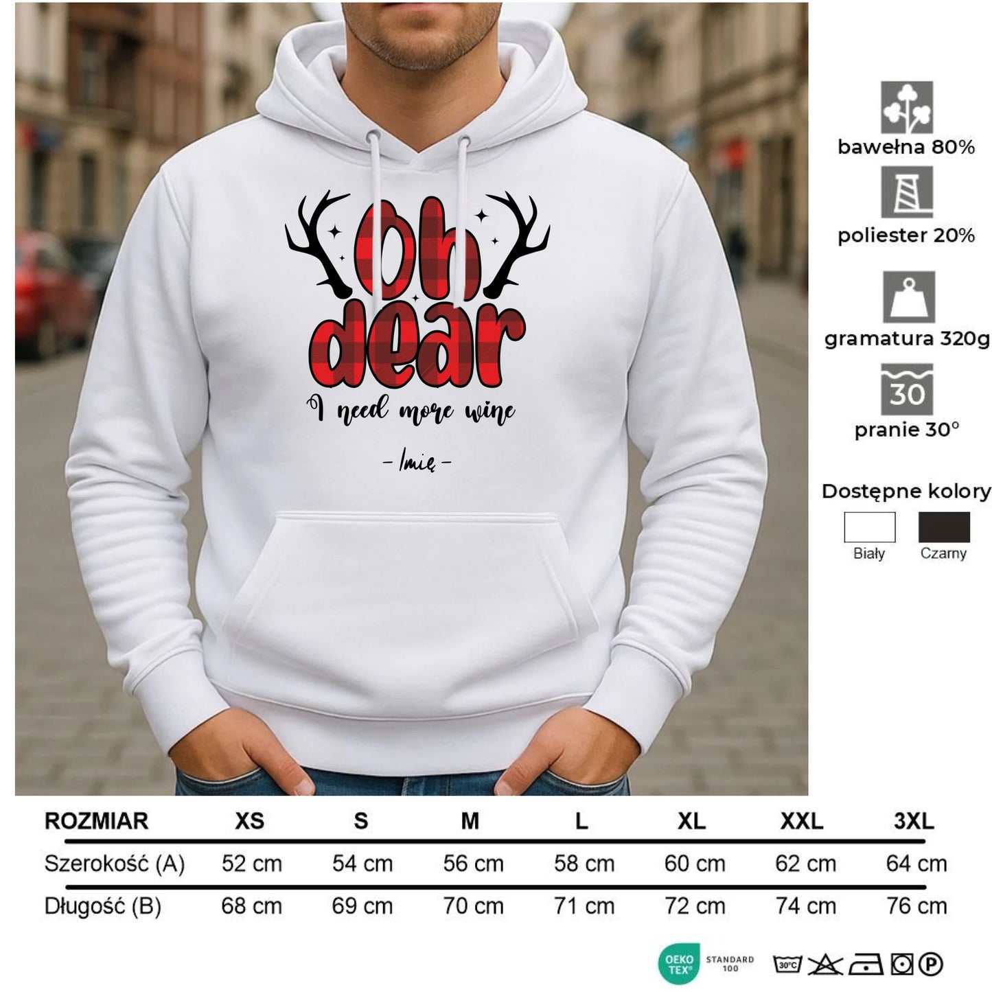 Bluza męska z kapturem świąteczna - Oh dear I need more wine - personalizowana BN63 - StoryCups.pl