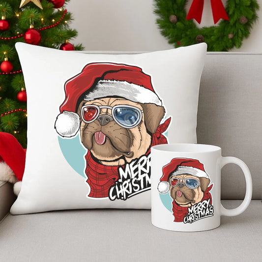 Zestaw poduszka i kubek świąteczny - Mops Merry Christmas BN62 - StoryCups.pl