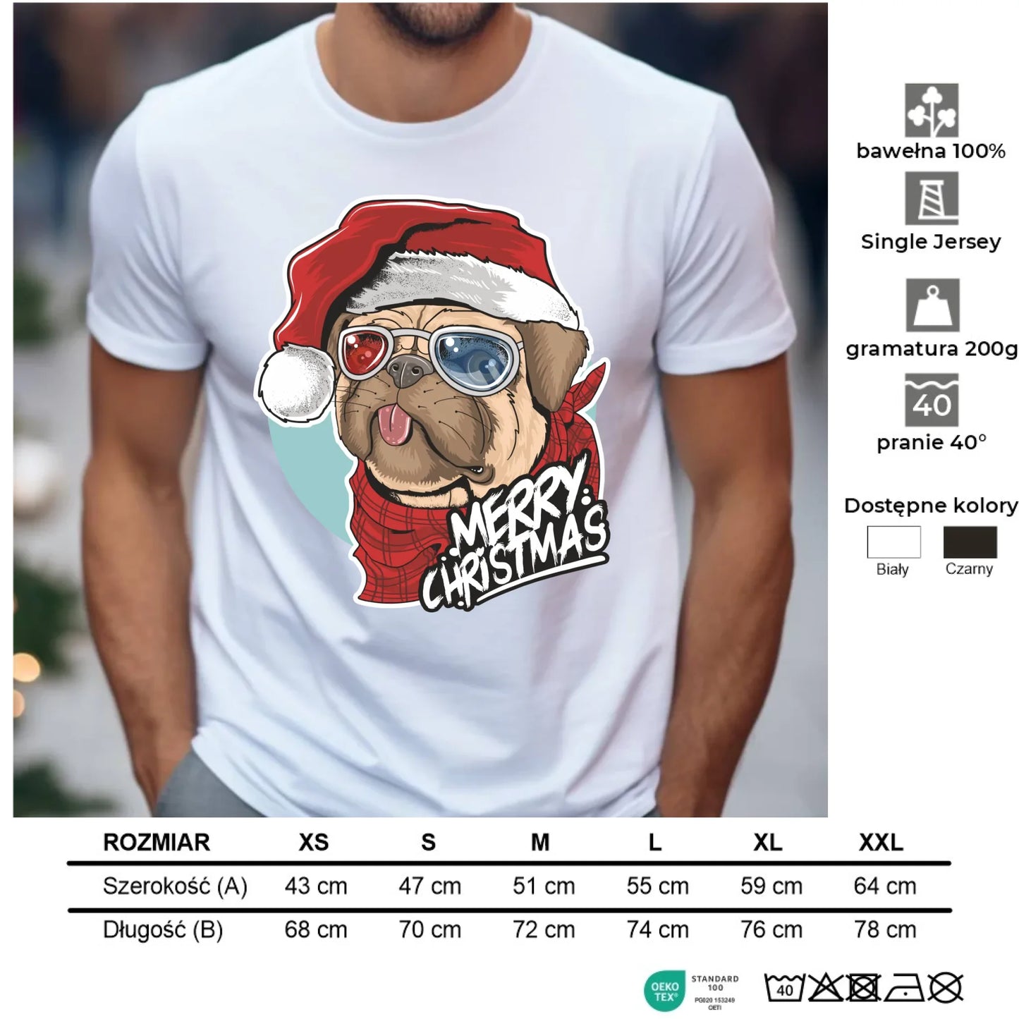 Koszulka męska świąteczna - Mops Merry Christmas BN62 - StoryCups.pl