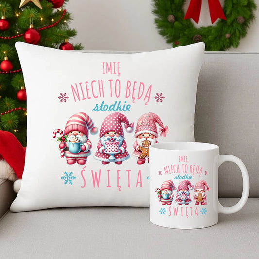 Zestaw poduszka i kubek świąteczny - Skrzaty Słodkie Święta - personalizowany BN57 - StoryCups.pl