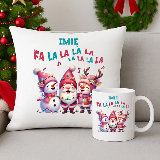Zestaw poduszka i kubek świąteczny - Fa la la la - personalizowany BN51 - StoryCups.pl