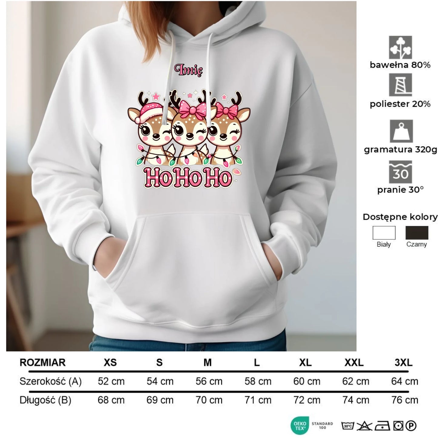 Bluza damska z kapturem świąteczna - Ho ho ho Słodkie reniferki - personalizowana BN49 - StoryCups.pl
