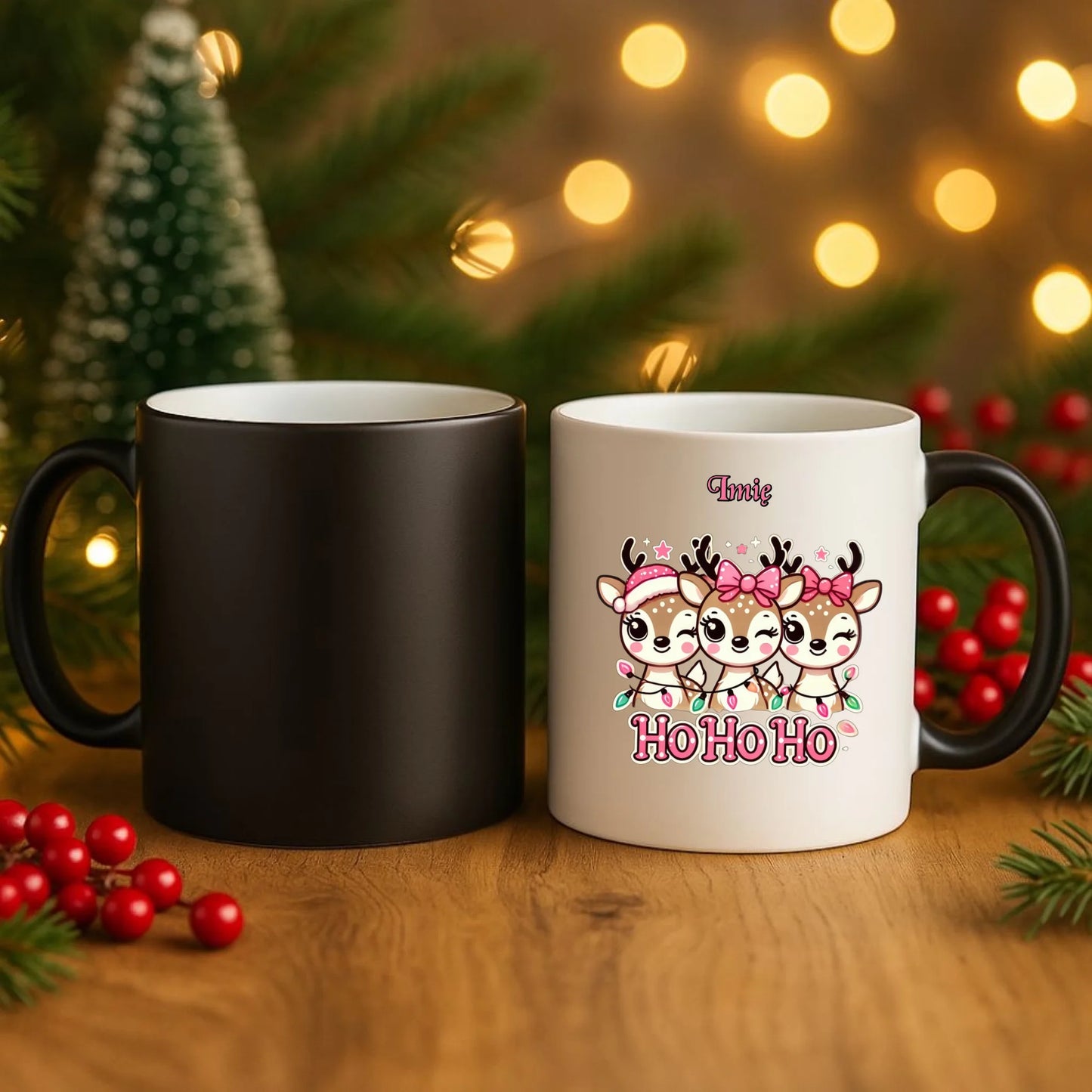 Kubek magiczny świąteczny - Ho ho ho Słodkie reniferki - personalizowany BN49