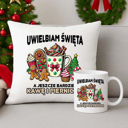 Zestaw poduszka i kubek - Uwielbiam święta kawę i pierniczki BN47 - StoryCups.pl