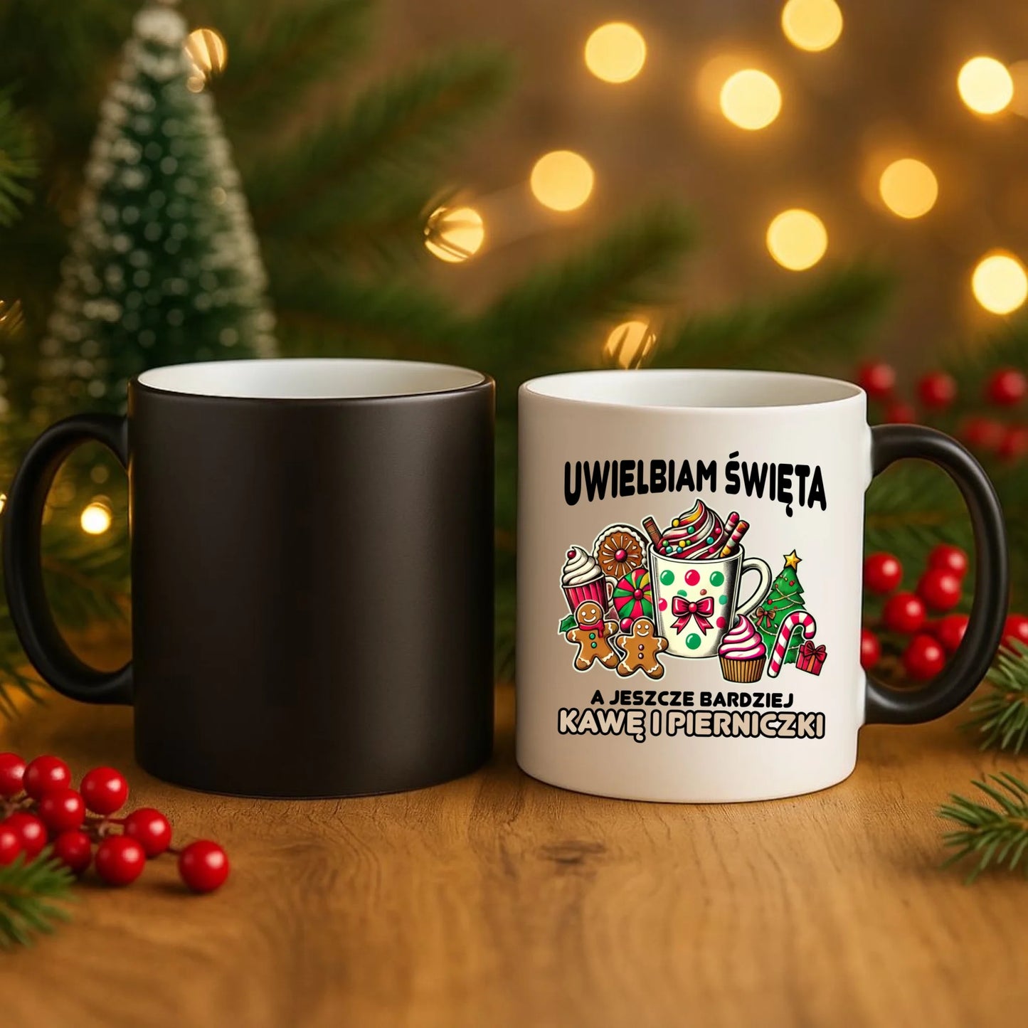 Kubek magiczny świąteczny - Uwielbiam święta kawę i pierniczki BN47 - StoryCups.pl