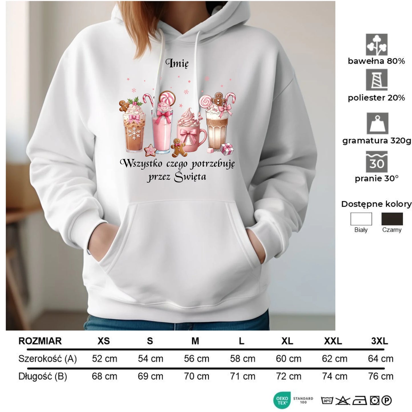 Bluza damska z kapturem świąteczna - Zimowa kawa Wszystko czego potrzebuję przez Święta - personalizowana BN46 - StoryCups.pl