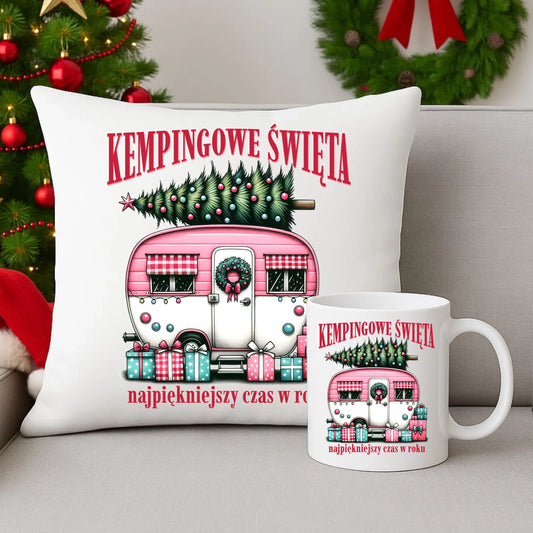 Zestaw poduszka i kubek świąteczny - Kamper Kempingowe Święta BN40 - StoryCups.pl