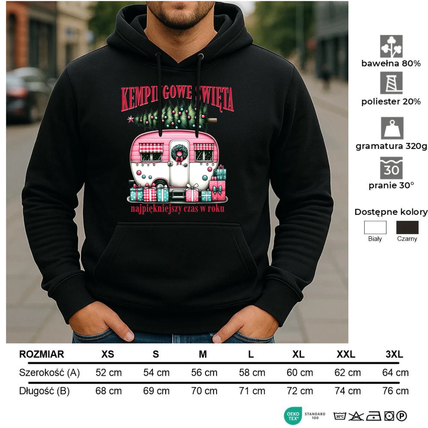 Bluza męska z kapturem świąteczna - Kamper Kempingowe Święta BN40 - StoryCups.pl