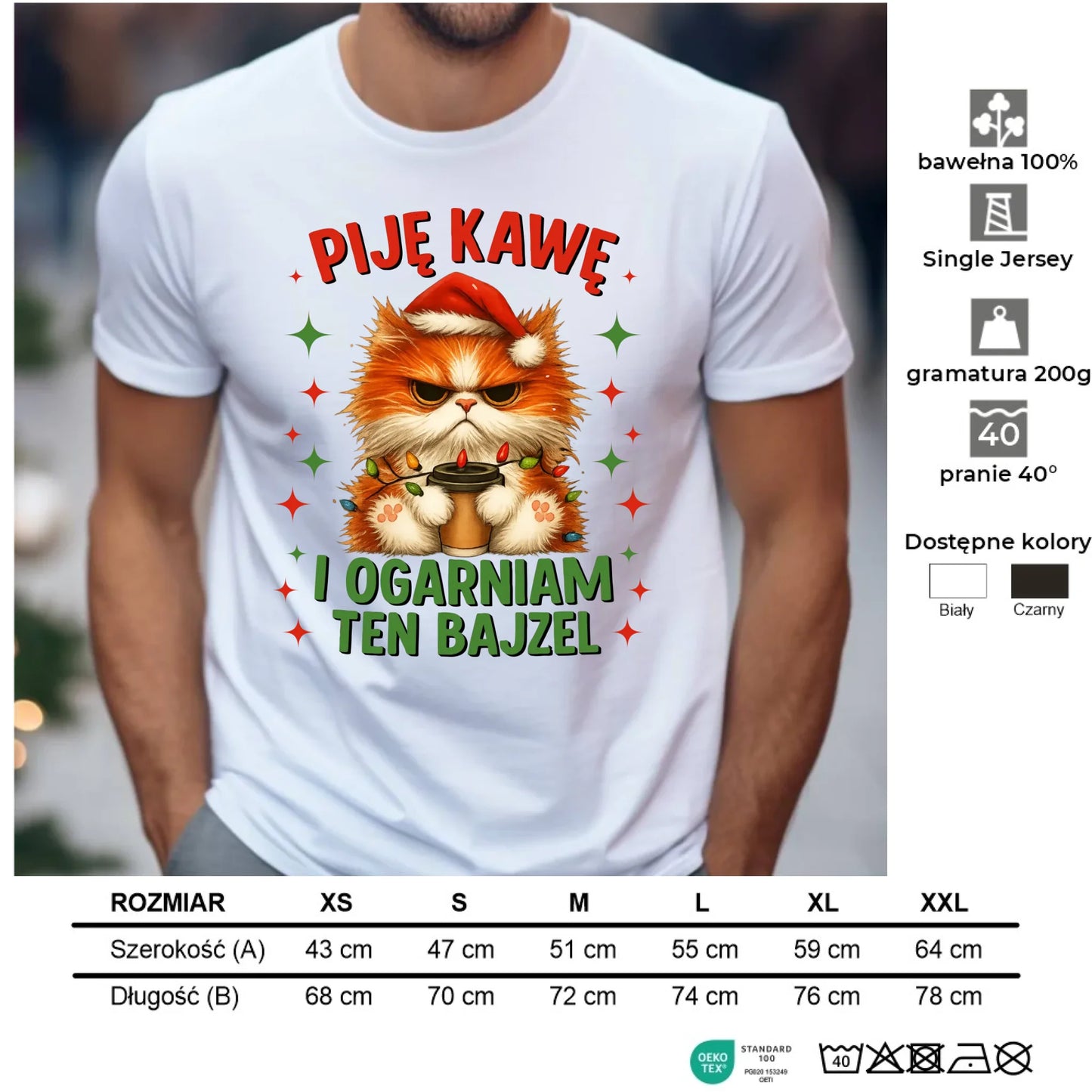 Koszulka męska świąteczna - Kot Piję kawę i ogarniam ten bajzel BN39 - StoryCups.pl