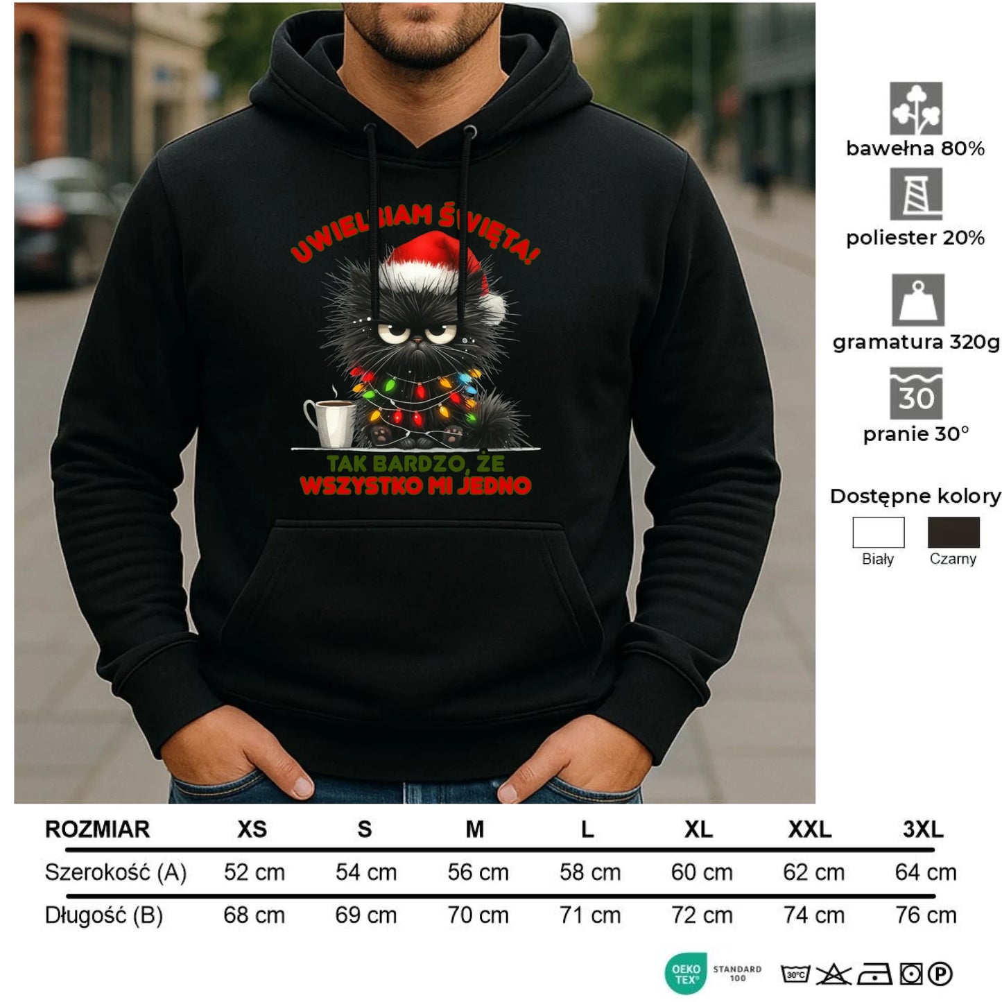 Bluza męska z kapturem świąteczna - Kot Maruda Wszystko mi jedno BN35 - StoryCups.pl