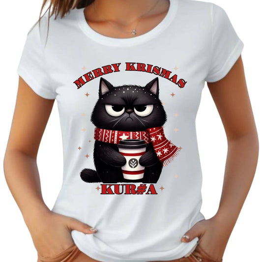 Koszulka damska świąteczna - Zburczany kot Merry Krismas kur#a - bez cenzury BN34 - StoryCups.pl