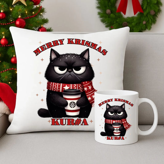 Zestaw poduszka i kubek świąteczny - Zburczany kot Merry Krismas kur#a - bez cenzury BN34 - StoryCups.pl