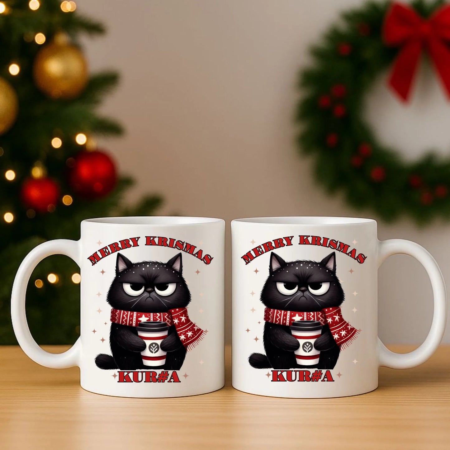 Zestaw poduszka i kubek świąteczny - Zburczany kot Merry Krismas kur#a - bez cenzury BN34 - StoryCups.pl