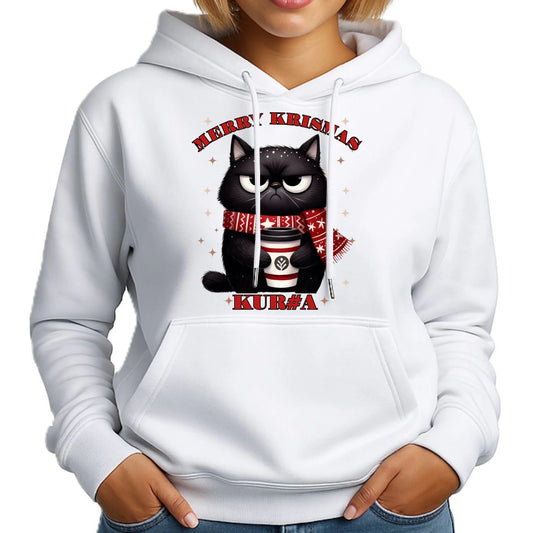Bluza damska z kapturem świąteczna - Zburczany kot Merry Krismas kur#a - bez cenzury BN34 - StoryCups.pl