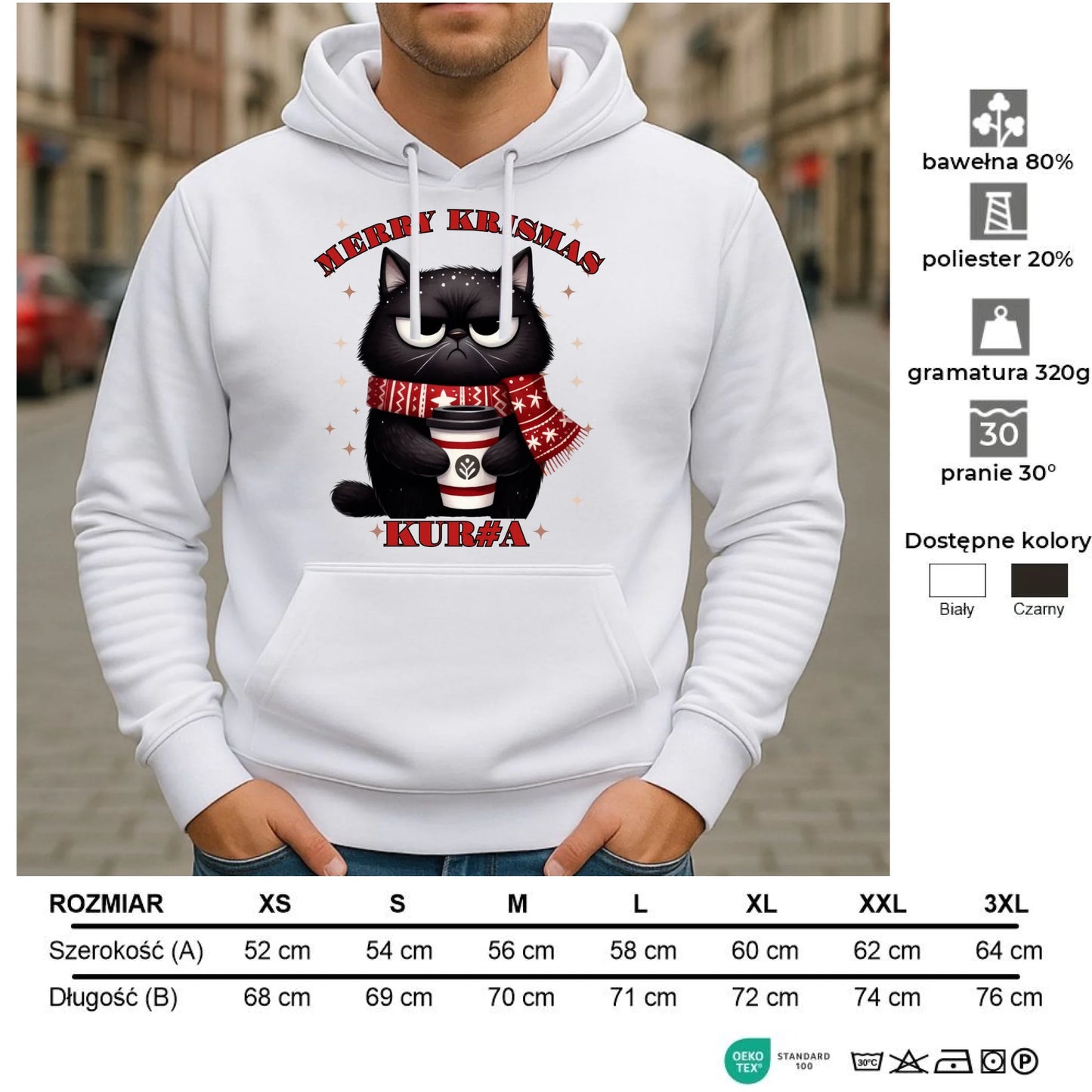 Bluza męska z kapturem świąteczna - Zburczany kot Merry Krismas kur#a - bez cenzury BN34 - StoryCups.pl
