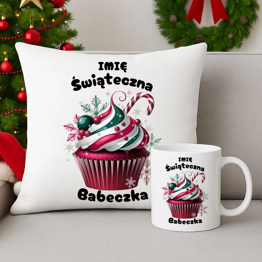 Zestaw poduszka i kubek na święta - Świąteczna babeczka - personalizowany BN30 - StoryCups.pl