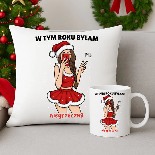 Zestaw poduszka i kubek świąteczny - W tym toku byłam niegrzeczna - personalizowany BN21 - StoryCups.pl