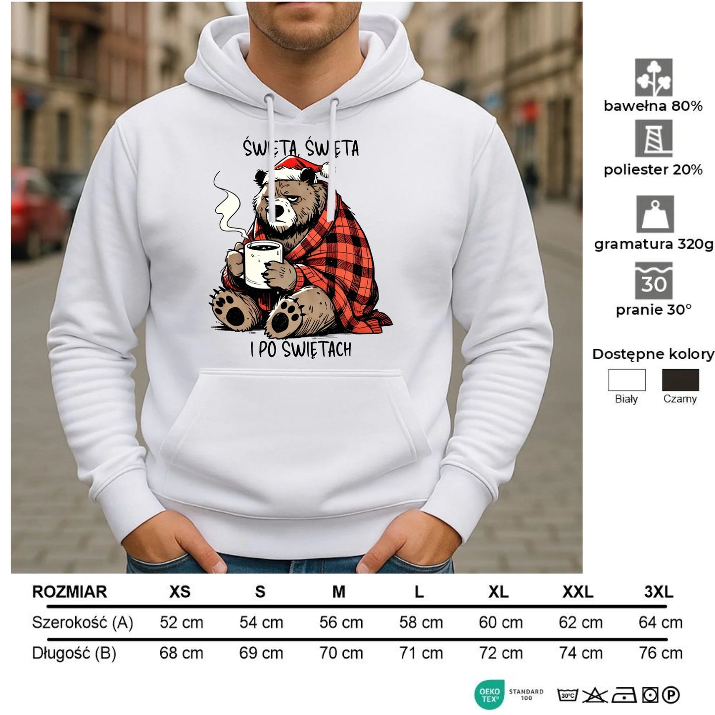 Bluza męska z kapturem świąteczna - Miś Święta, święta i po świętach BN16 - StoryCups.pl