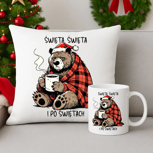 Zestaw poduszka i kubek świąteczny - Miś Święta, święta i po świętach BN16 - StoryCups.pl