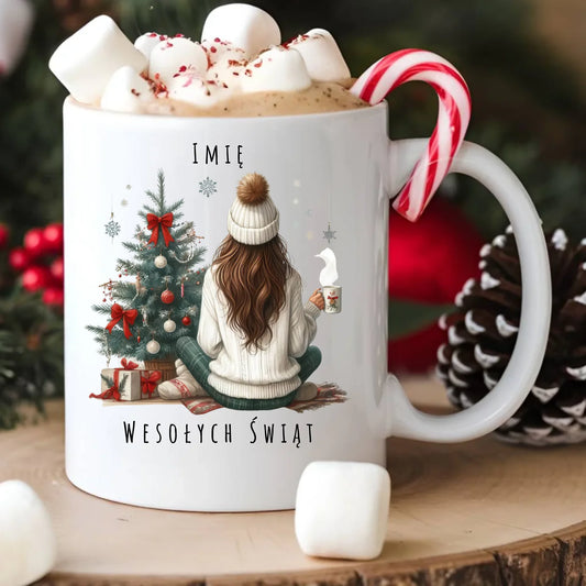 Kubek świąteczny - Dziewczyna przy choince - personalizowany BN15 - StoryCups.pl
