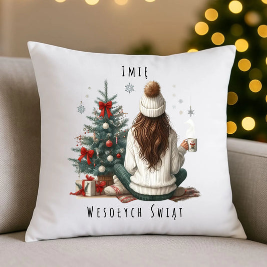 Poduszka świąteczna - Dziewczyna przy choince - personalizowana BN15 - StoryCups.pl