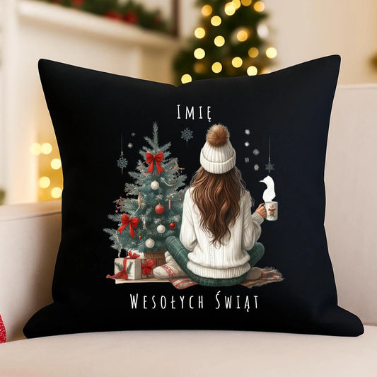 Poduszka dekoracyjna świąteczna - Dziewczyna przy choince - personalizowana BN15 - StoryCups.pl