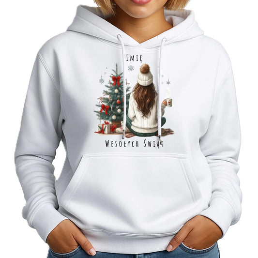 Bluza damska z kapturem świąteczna - Dziewczyna przy choince - personalizowana BN15 - StoryCups.pl