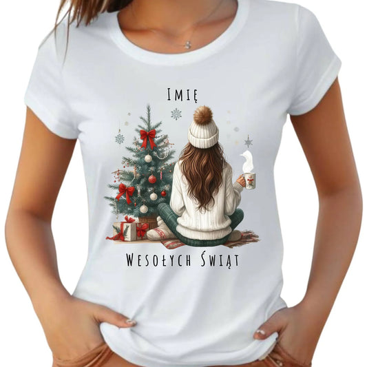 Koszulka damska świąteczna - Dziewczyna przy choince - personalizowana BN15 - StoryCups.pl