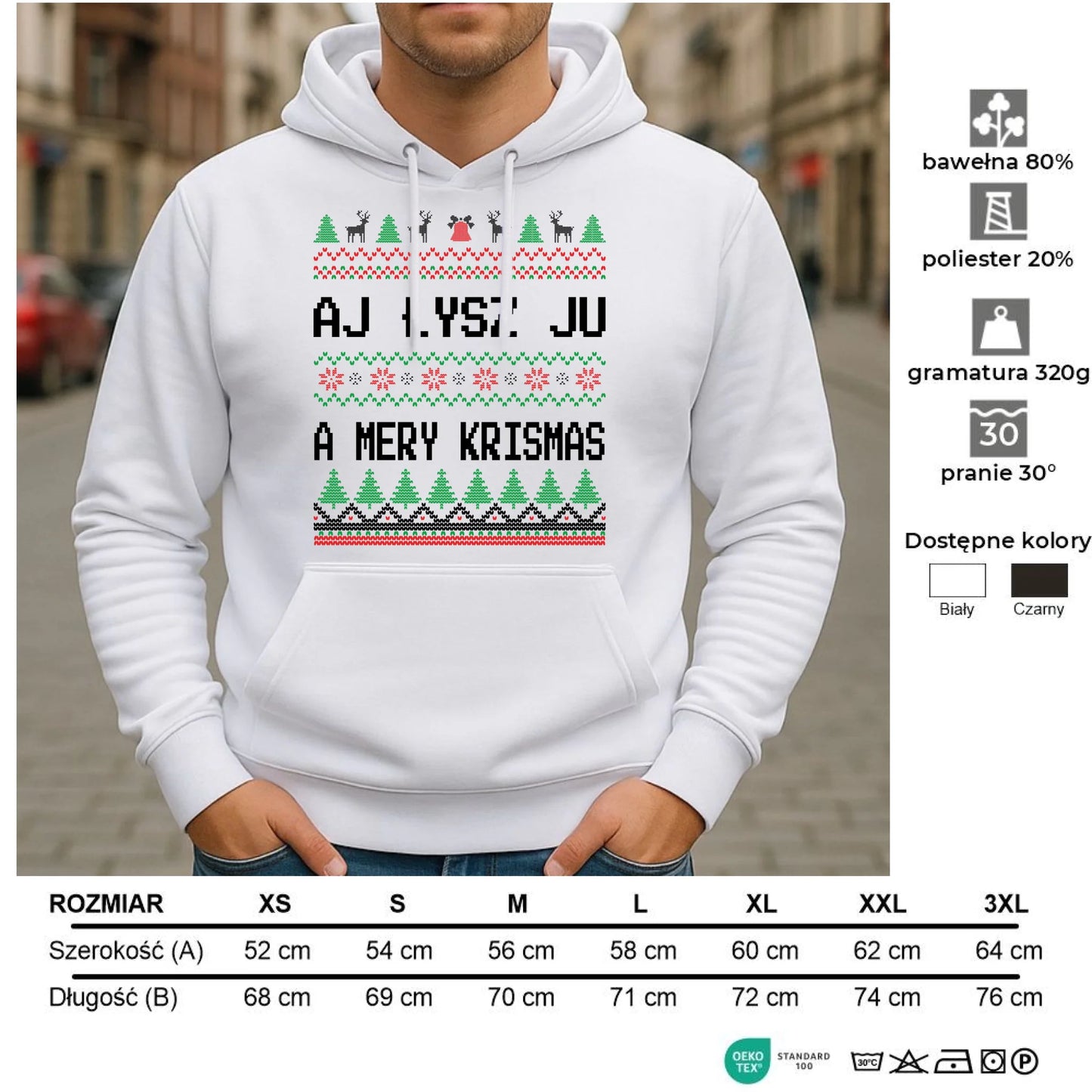 Bluza męska z kapturem świąteczna - Aj łysz ju a mery krismas BN12 - StoryCups.pl